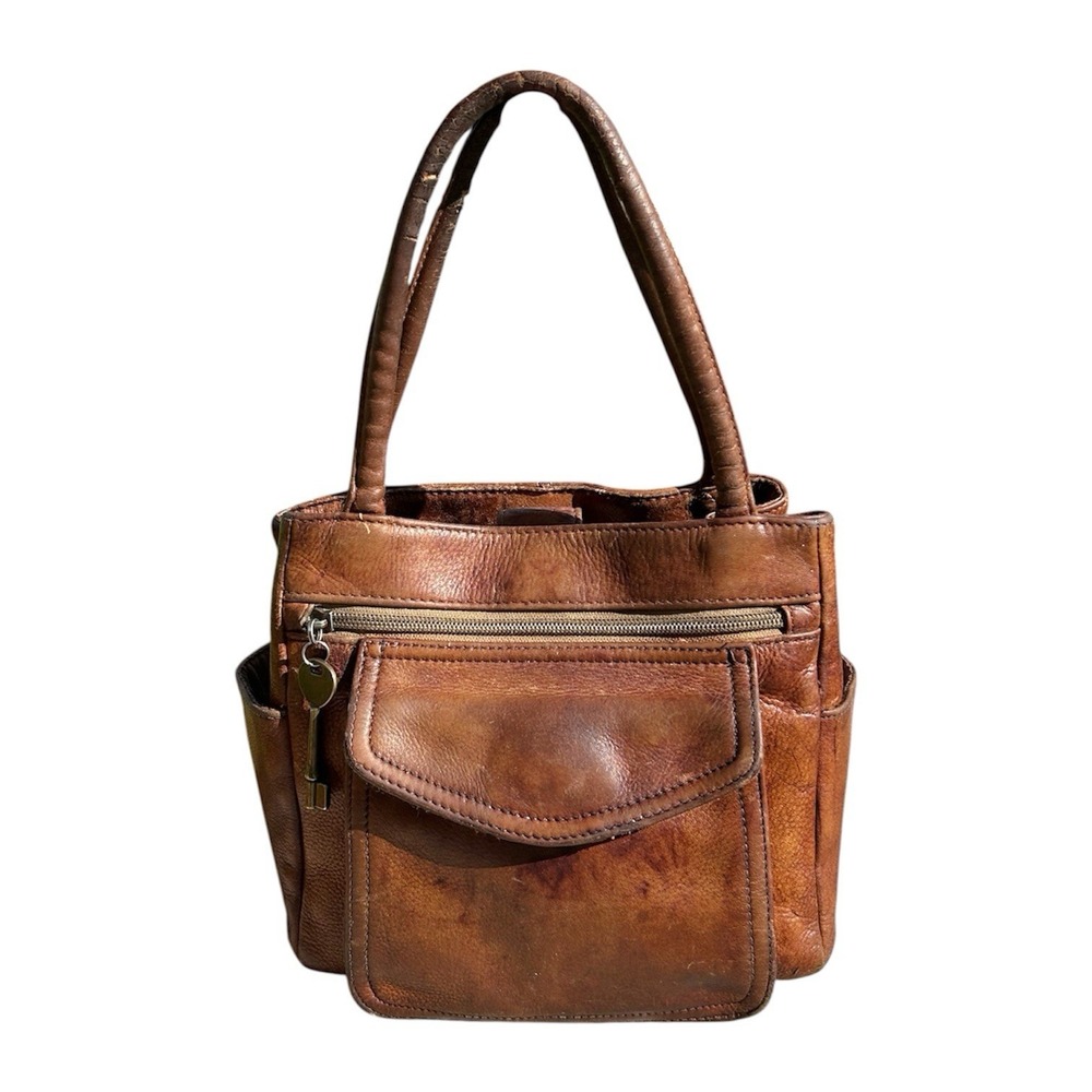 Vintage Y2K Fossil Brown Distressed Leather Mini Satchel Handbag